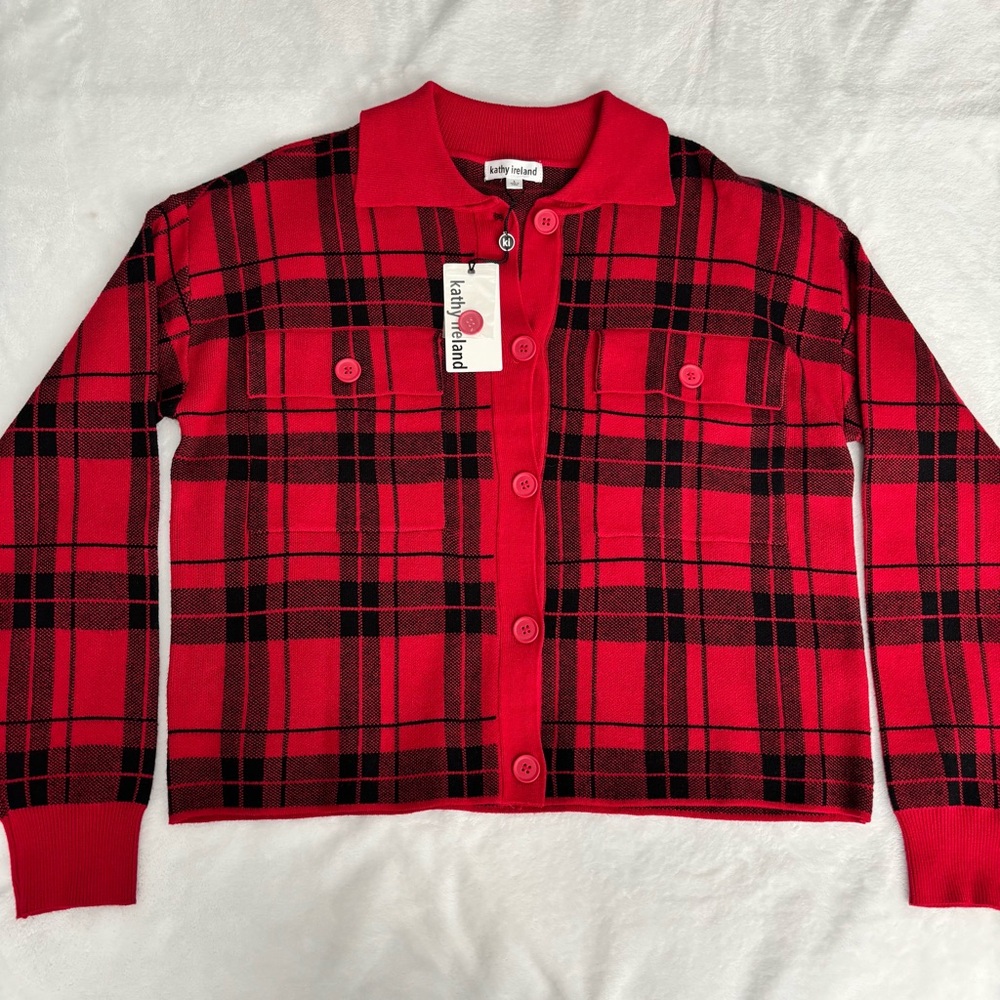 KATHY IRELAND Long Sleeve Buffalo Check Button Up Cropped Sweater--NWT--L